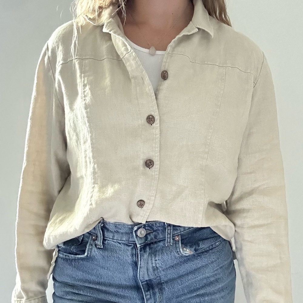 JH Collectibles Neutral Beige Linen Button-Front Shirt - Picture 10 of 10